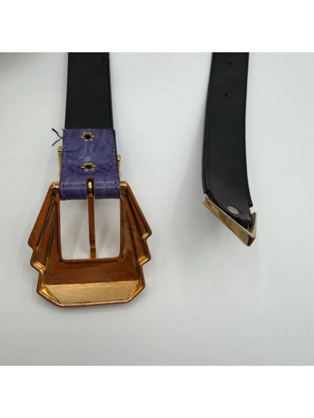 Vintage Purple Faux Leather Croc Embossed Belt w/ Deco Gold Tone Buckle